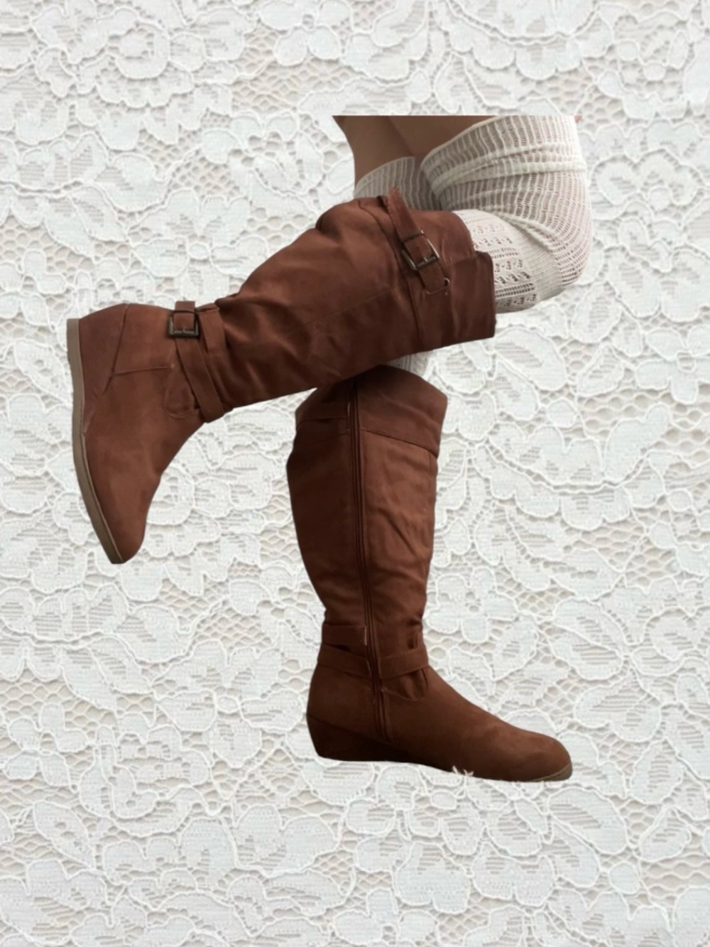 vintage brown suede knee boots with buckle detail and wedge heel